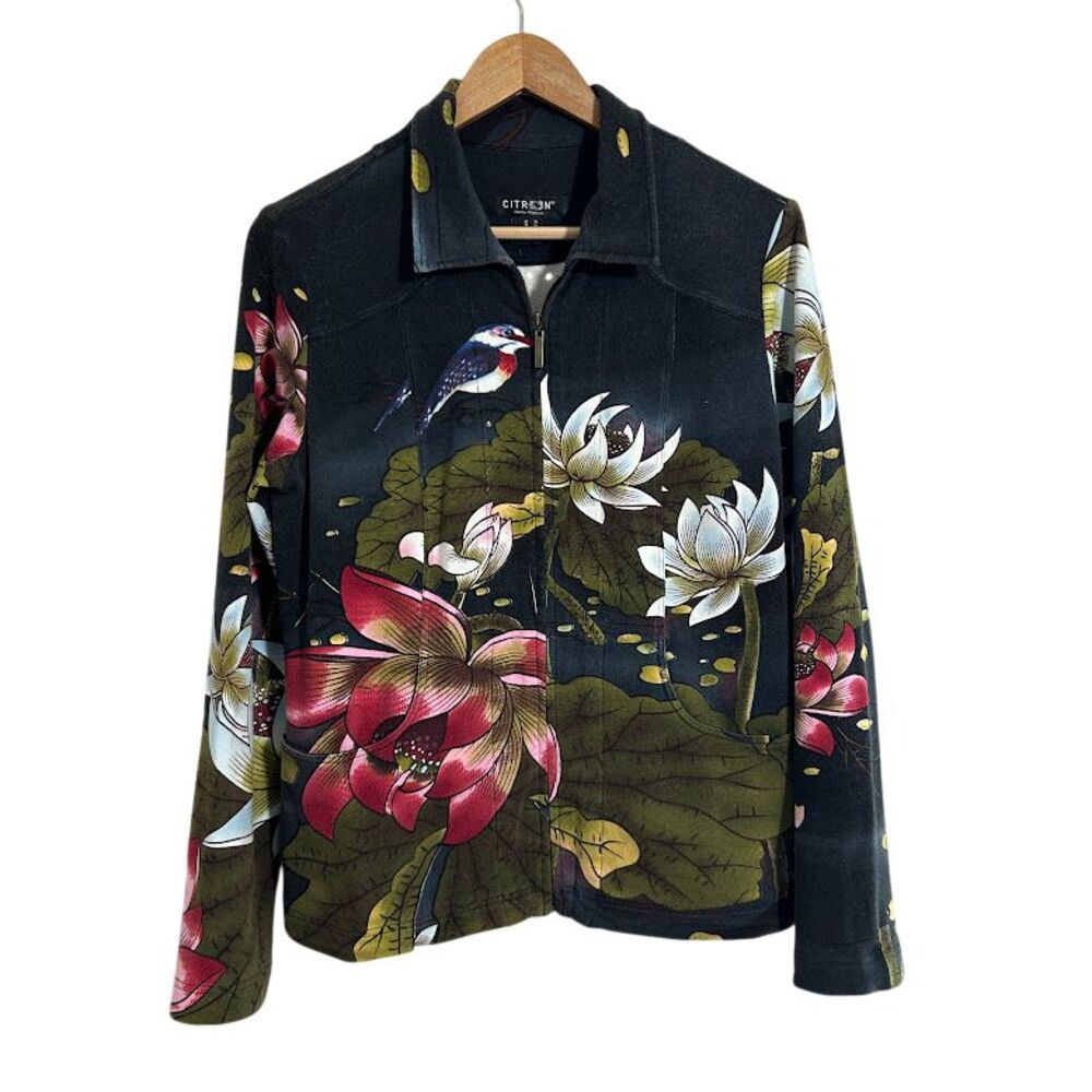 Citron Santa Monica Zip Up Sweater Jacket S Black Bird Motif Floral Cotton Blend